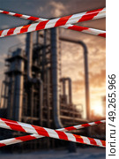 Warning Tape Restricts Access to Industrial Factory at Dusk Revealing Intricate Piping Structure. Стоковая иллюстрация, иллюстратор Aleksandr Golubev / Фотобанк Лори