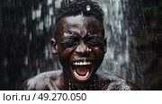 A man with his mouth open, laughing joyfully while standing in the rain. Стоковое AI-изображение, AI-художник Данила Большаков / Фотобанк Лори