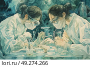 A detailed painting featuring two women in lab coats engaged in a scientific experiment or discussion. Стоковое AI-изображение, AI-художник Данила Большаков / Фотобанк Лори