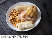 Peruvian traditional dish.fish ceviche with yuka and corn. Стоковое фото, фотограф Татьяна Яцевич / Фотобанк Лори