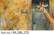 A painting depicting a giraffe standing tall in front of a door, showcasing its long neck and distinctive markings. Стоковое AI-изображение, AI-художник Данила Большаков / Фотобанк Лори