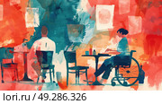 A man is seated at a table next to a woman in a wheelchair in an indoor setting. Стоковое AI-изображение, AI-художник Данила Большаков / Фотобанк Лори
