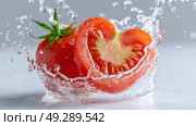 Fresh tomatoes splashing in water on white background. Стоковое AI-изображение, AI-художник Olga Didraga / Фотобанк Лори