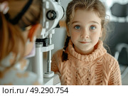 A child with captivating blue eyes awaits her vision test with an optical phoropter in a clinic. Стоковое AI-изображение, AI-художник Данила Большаков / Фотобанк Лори