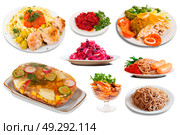 View of many plates with different food over white background. Стоковое фото, фотограф Яков Филимонов / Фотобанк Лори