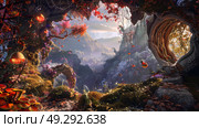 Vivid underwater fantasy scene with colorful mushrooms, exotic plants, and fanciful fish. High-resolution digital artwork that captures a magical aquatic ecosystem. Mystical ocean floor concept. Стоковое AI-изображение, AI-художник Konstantin Plotnikov / Фотобанк Лори