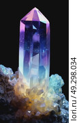 A large, clear quartz crystal with a pointed tip. The crystal displays a range of colors, including purple and blue, against a dark background. Стоковое AI-видео, аниматор Ольга Невская / Фотобанк Лори