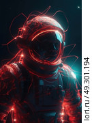 Astronaut wearing a space suit illuminated by red lights, exploring an extraterrestrial environment. Стоковое AI-изображение, AI-художник Данила Большаков / Фотобанк Лори