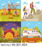 Outdoor Recreation Compositions Set. Camping hiking design concept with four square outdoor compositions motorhome tent campfire and faceless people characters vector illustration. Стоковая иллюстрация, агентство Ingram Publishing / Фотобанк Лори