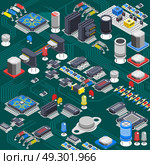 Isometric Circuit Board Composition. Semiconductor electronic circuit board isometric background with electrolytic capacitors processors and various microcomponents installed on backboard vector illustration. Стоковая иллюстрация, агентство Ingram Publishing / Фотобанк Лори