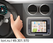 GPS Navigation In Car. Realistic vector illustration of driver hands holding steering wheel with gps navigator in  cockpit car panel. Стоковая иллюстрация, агентство Ingram Publishing / Фотобанк Лори