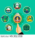 Blacksmith Zoom Flowchart Concept. Blacksmith forging concept with human hand lens magnifier pointing to hammer work images with circle frame vector illustration. Стоковая иллюстрация, агентство Ingram Publishing / Фотобанк Лори