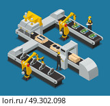 Car Electronics Autoelectronics Isometric Factory Composition. Colored car electronics autoelectronics isometric factory composition with robotized process in the factory vector illustration. Стоковая иллюстрация, агентство Ingram Publishing / Фотобанк Лори