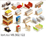 Fast Food Furniture Set. Isometric food court interior elements set with furniture kitchen equipment dishes refrigerated counters seats and tables vector illustration. Стоковая иллюстрация, агентство Ingram Publishing / Фотобанк Лори
