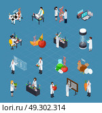 GMO Related Isometric Icons Set. GMO related icons set with researchers conducting scientific experiments dna signs genetically modified products and home animals isometric vector illustration. Стоковая иллюстрация, агентство Ingram Publishing / Фотобанк Лори