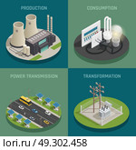 Electric Power 4 Isometric Icons. Electric power production generating transmission transformation substation and consumption concept 4 isometric icons square isolated vector illustration . Стоковая иллюстрация, агентство Ingram Publishing / Фотобанк Лори
