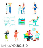Gynecologist Gynecology Icon Set. Colored flat and isolated gynecologist gynecology icon set with woman at the doctors reception vector illustration. Стоковая иллюстрация, агентство Ingram Publishing / Фотобанк Лори