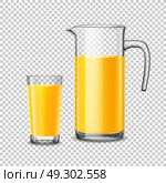 Glass And Pitcher With Orange Juice On Transparent Background. Glass and pitcher with orange juice design concept in realistic style on transparent  background vector illustration. Стоковая иллюстрация, агентство Ingram Publishing / Фотобанк Лори
