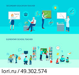 School Teacher Flat Banners Set . Elementary and secondary education school teachers in classroom 2 flat horizontal background banners set isolated vector illustration . Стоковая иллюстрация, агентство Ingram Publishing / Фотобанк Лори