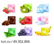 Realistic Scented Condom Set. Realistic set of scented condoms in colorful packages with fresh fruit mint chocolate isolated on white background vector illustration. Стоковая иллюстрация, агентство Ingram Publishing / Фотобанк Лори