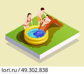 Inflatable Pool Family Composition. Swimming pool isometric composition with human characters of parents assisting male kid to go down waterslide vector illustration. Стоковая иллюстрация, агентство Ingram Publishing / Фотобанк Лори