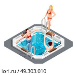 Water Park Isometric Set. Young people having fun in hot tub at water park on white background 3d isometric vector illustration. Стоковая иллюстрация, агентство Ingram Publishing / Фотобанк Лори