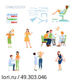 Gynecology Flat Icon Set. Colored and isolated gynecology flat icon set with instruments attributes family planning with a doctor vector illustration. Стоковая иллюстрация, агентство Ingram Publishing / Фотобанк Лори