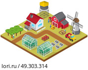 Farmyard Isometric Game Model Icon. Farmyard buildings cattle raising facilities mill tractor greenhouses beehives orchard with farmworkers 3d isometric model vector illustration . Стоковая иллюстрация, агентство Ingram Publishing / Фотобанк Лори