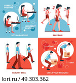 Posture 2x2 Design Concept Set. Correct and incorrect postures for healthy back and spine 2x2 design concept set flat isolated vector illustration. Стоковая иллюстрация, агентство Ingram Publishing / Фотобанк Лори