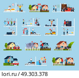 Conflicts With Neighbors Icons Set . Conflicts with neighbors icons set with noise symbols flat isolated vector illustration . Стоковая иллюстрация, агентство Ingram Publishing / Фотобанк Лори