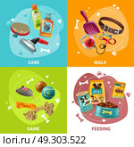 Pet Care Concept 4 Icons Square Design . Affordable pet care center service concept with grooming playing and feeding 4 colorful icons square isolated vector illustration . Стоковая иллюстрация, агентство Ingram Publishing / Фотобанк Лори