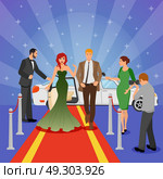 Celebrity Design Composition. Celebrity design composition with young woman in evening dress on red carpet white limousine and interviewing journalists flat vector illustration. Стоковая иллюстрация, агентство Ingram Publishing / Фотобанк Лори