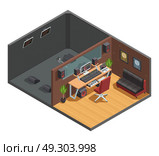 Soundbox Interior Isometric Composition. Music studio isometric interior composition with vocal recording soundproofed cabin joint with mixing room with furniture vector illustration. Стоковая иллюстрация, агентство Ingram Publishing / Фотобанк Лори
