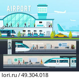 Transport Terminal Compositions. Transport terminal compositions with airport interior elements and planes and railway station with trains isolated vector illustration  . Стоковая иллюстрация, агентство Ingram Publishing / Фотобанк Лори