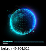 Geometric Glowing Sphere Background poster. Digitally plotted sphere glowing with blue turquoise on black background poster scientific technology decorative shapes vector illustration . Стоковая иллюстрация, агентство Ingram Publishing / Фотобанк Лори