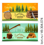 Lumberjack Woodcutter Horizontal Banners Set. Lumberjack woodcutter outdoor adventures 2 banners set with ax saw and fairytale woodland background isolated vector illustration . Стоковая иллюстрация, агентство Ingram Publishing / Фотобанк Лори