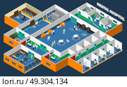 Mental Hospital Isometric Interior. Mental hospital isometric interior with office patients and staff common rooms and separate wards vector illustration . Стоковая иллюстрация, агентство Ingram Publishing / Фотобанк Лори