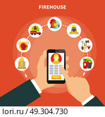 Flat Firefighting Concept. Firefighting concept with firehouse work and equipment icons flat vector illustration. Стоковая иллюстрация, агентство Ingram Publishing / Фотобанк Лори