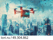 Drone flying above a bustling city, capturing aerial views of buildings, roads, and urban life. Стоковое AI-изображение, AI-художник Данила Большаков / Фотобанк Лори