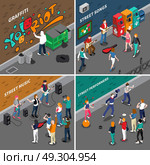Street Artists Isometric Compositions. Street artists isometric compositions with musicians and singers, graffiti painters, pantomime actors and audience isolated vector illustration. Стоковая иллюстрация, агентство Ingram Publishing / Фотобанк Лори