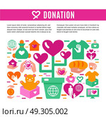 Charity Donation Information Page. Charity donation information page with set of colored icons on theme of donating money clothing food and toys for children  flat vector illustration . Стоковая иллюстрация, агентство Ingram Publishing / Фотобанк Лори