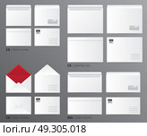 Mail Envelopes Postal Set. Paper office template set of realistic mail envelopes sorted by letter size with appropriate text captions vector illustration. Стоковая иллюстрация, агентство Ingram Publishing / Фотобанк Лори