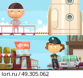Policeman And Astronaut Professions Banners. People professions two horizontal banner  with cute cartoon kids in suits of policeman and astronaut flat vector illustration. Стоковая иллюстрация, агентство Ingram Publishing / Фотобанк Лори