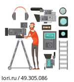 Film Cameraman With Video Equipment. Film cameraman with video equipment including tape headphones filters for objective lens vhs player isolated vector illustration. Стоковая иллюстрация, агентство Ingram Publishing / Фотобанк Лори