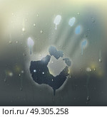 Hand On Misted Glass Realistic Composition. Colored hand on misted glass realistic composition with rain stains and handprint on the window vector illustration. Стоковая иллюстрация, агентство Ingram Publishing / Фотобанк Лори