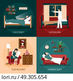 Sleeping Poses 2x2 Design Concept. Sleeping poses design concept with sleepwalking sleep in chair overnight guest and film at night  2x2 compositions flat vector illustration  . Стоковая иллюстрация, агентство Ingram Publishing / Фотобанк Лори