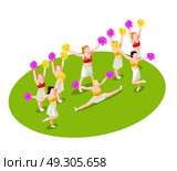 Cheerleading Isometric Illustration. Cheerleading dancers with colorful pompons performing on green floor 3d isometric vector illustration. Стоковая иллюстрация, агентство Ingram Publishing / Фотобанк Лори