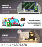 Network Fraud Banners Set. Hacker activity banners collection with flat computer security system damage images text and read more button vector illustration. Стоковая иллюстрация, агентство Ingram Publishing / Фотобанк Лори