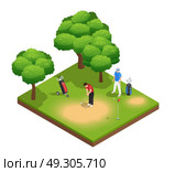Golf Isometric Top View Composition. Golf isometric top view composition with two sportsmen playing on golf course bags hole and trees vector illustration. Стоковая иллюстрация, агентство Ingram Publishing / Фотобанк Лори