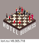 Hotel Business Chess Concept. Hotel business chess composition with hotel employee characters in uniform standing like chesspieces on isometric chequerboard vector illustration. Стоковая иллюстрация, агентство Ingram Publishing / Фотобанк Лори